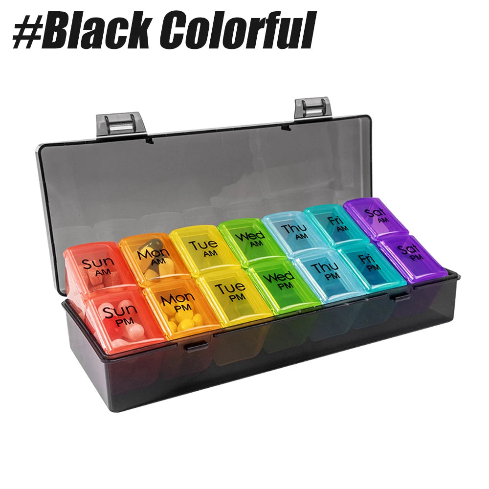 Weekly Pill Organizer &ndash; Convenient Push Button Design Black Colorful