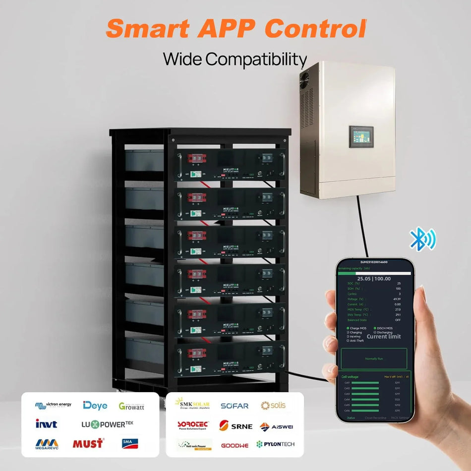 LiFePO4 baterija 51.2V 100Ah s 16S100A pametnim BMS-om, razred A Plus prizmatske ćelije, za kampere, brodove, kućno skladištenje energije