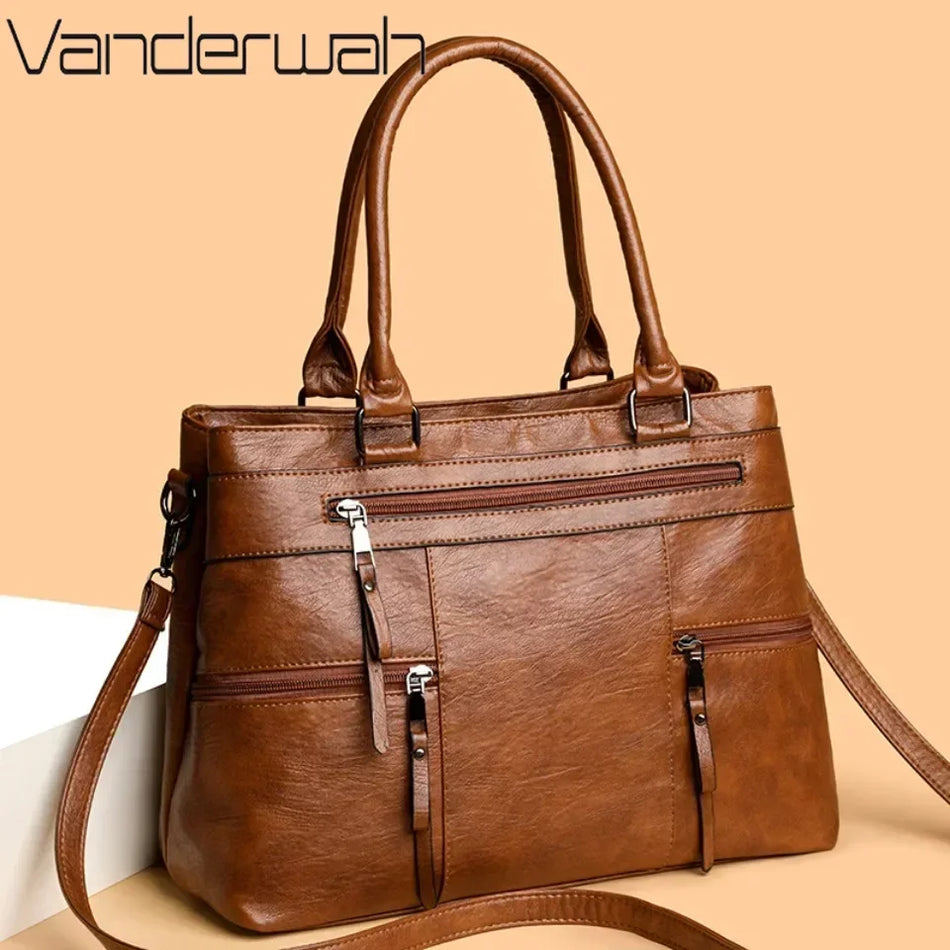 Leather Top-Handle Handbag for Women, Elegant Purses With Zipper Closure And Solid Color