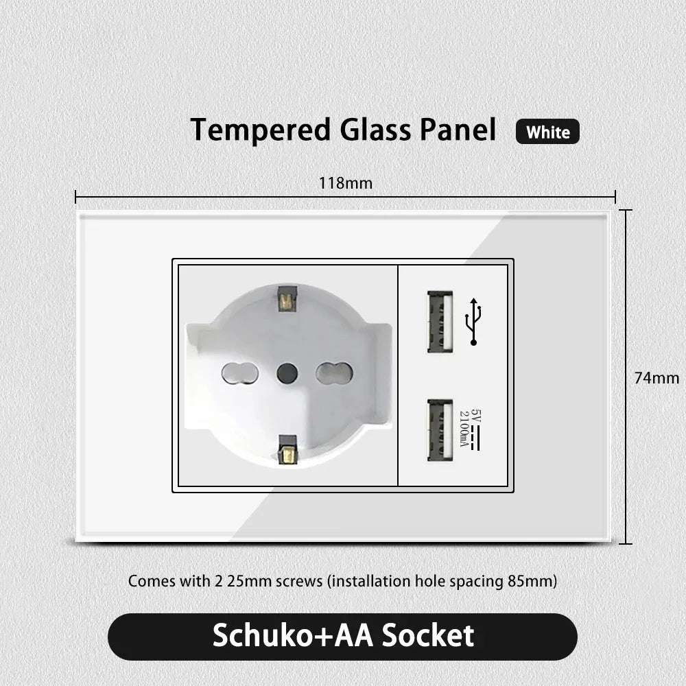 White Glass USB TypeC Wall Socket &ndash; Smart WiFi Switch Glass White / Schuko AA Socket