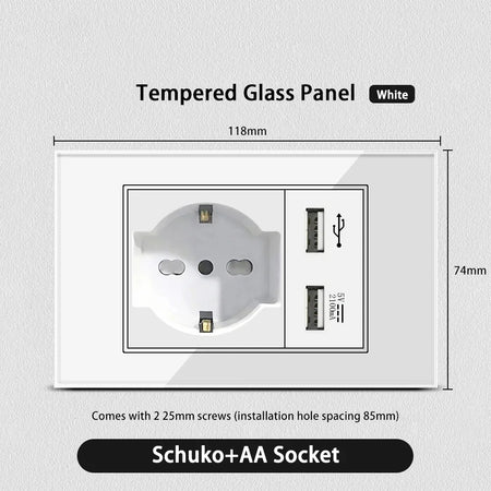 White Glass USB TypeC Wall Socket &ndash; Smart WiFi Switch Glass White / Schuko AA Socket