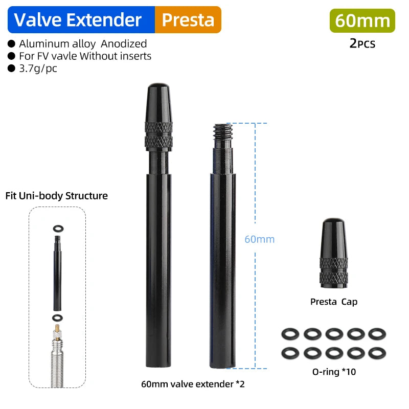 Deemount Presta Valve Extender &ndash; Durable CNC Aluminum Alloy Construction 60mm Black K1 / CHINA