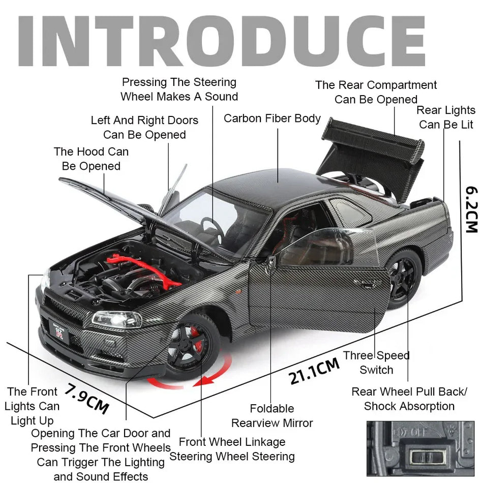 1:24 Diecast Metal GTR-R34 Model Avto z Zvokom in Svetlobo, Povleci-Nazaj, Domača Dekoracija