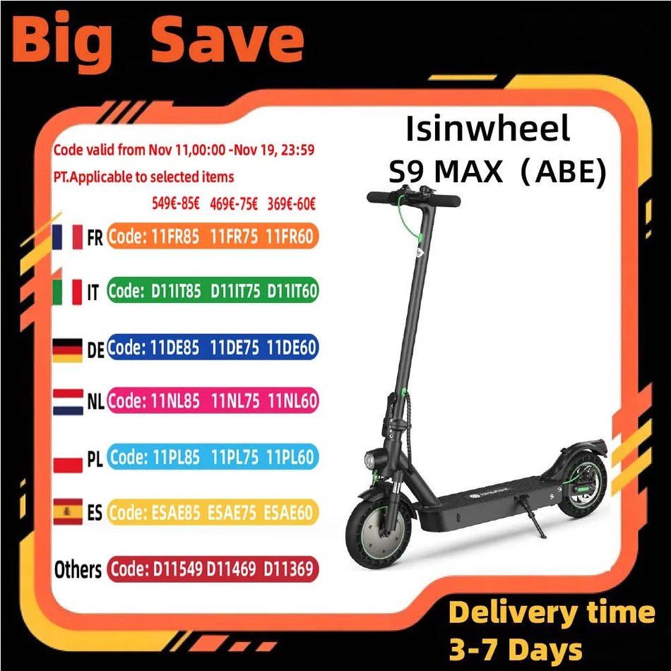ISINWHEEL S9 MAX ABE Ηλεκτρικό Σκούτερ με 500W, 10 Ίντσες Ελαστικά