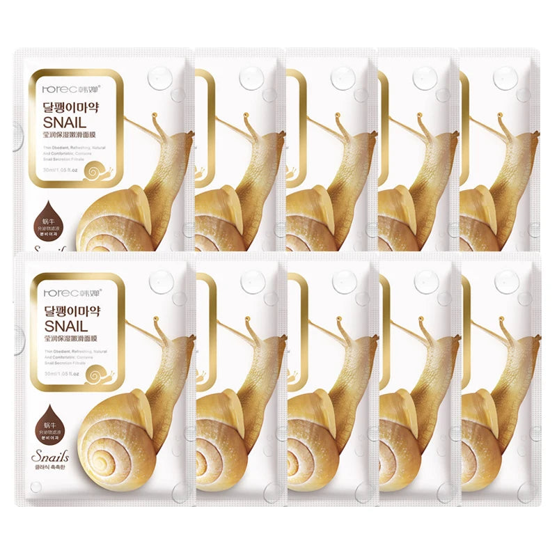 10pcs Snail Essence Moisturising Face Masks for Deep Replenishment