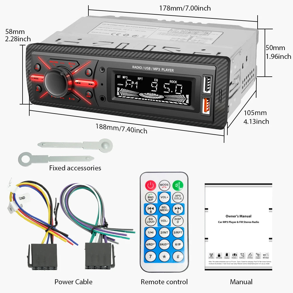 AKAMATE 12V 1 Din Car Radio Bluetooth MP3 &ndash; Dual USB