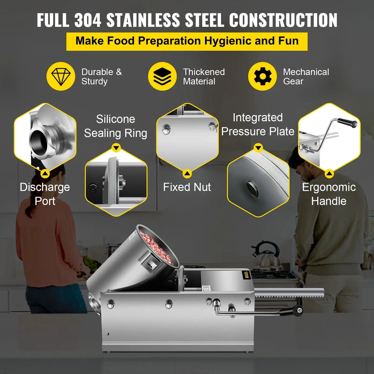 3L Manual Sausage Stuffer Stainless Steel With 5 Nozzles