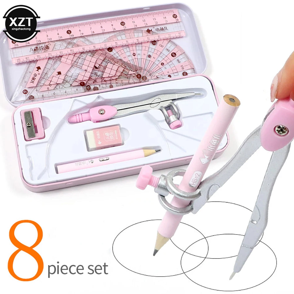 8Pcs Ruler Compass Pencil Set for Maths Drawing