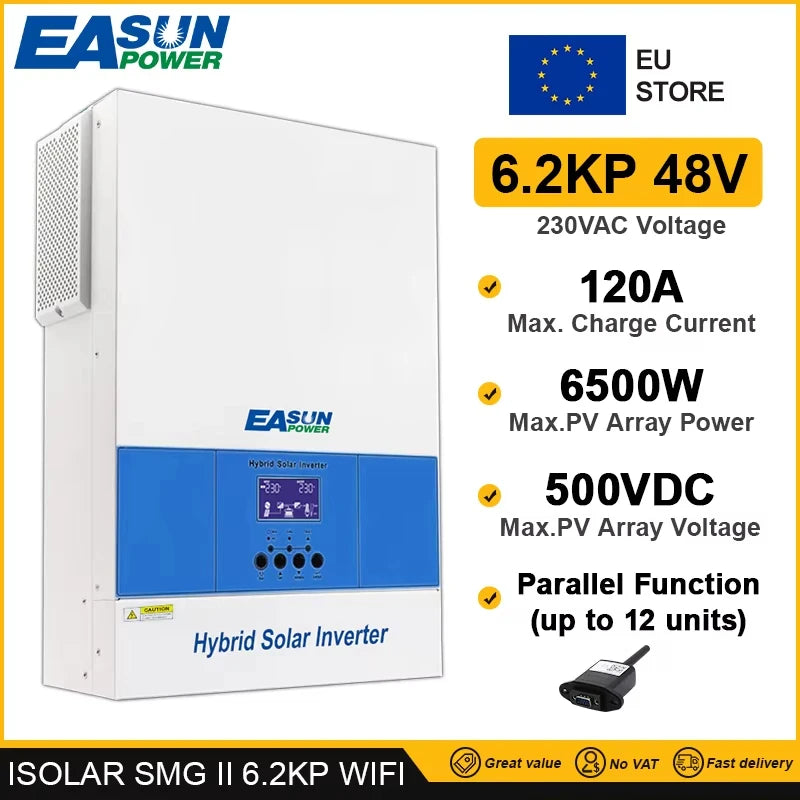 Solární invertor 6.2kW hybridní, čistá sinusová vlna, MPPT 120A, 500VDC PV vstup, 48V baterie, WiFi, paralelní BMS