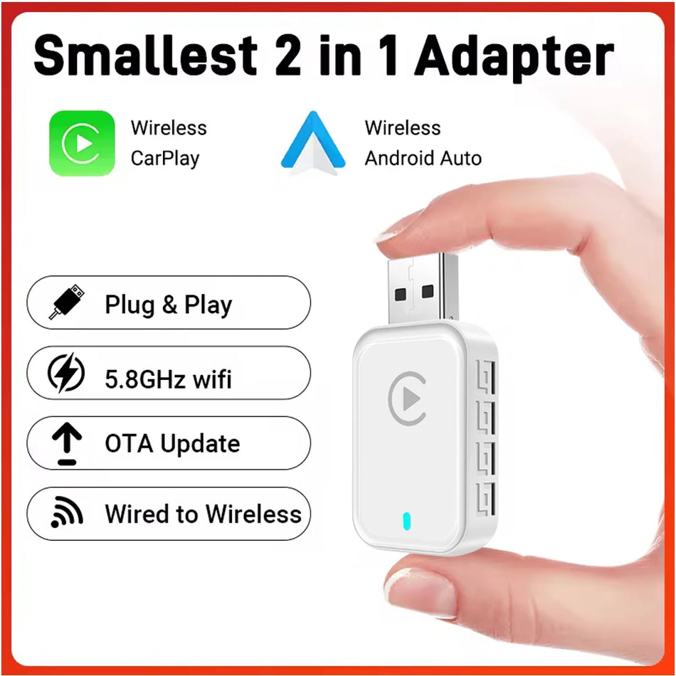 2i1 Trådløs CarPlay Android Auto Box, Kablet til Trådløs Dongle, Plug and Play