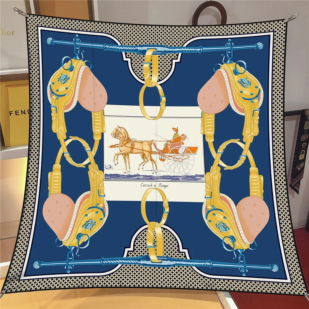 Pobing 90cm Twill Silk Scarf &ndash; Elegant Checkered Horse Print