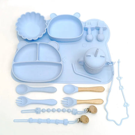 Children's Silicone Meal Plate Set &ndash; Fun Bear Design with Suction Cups sky blue