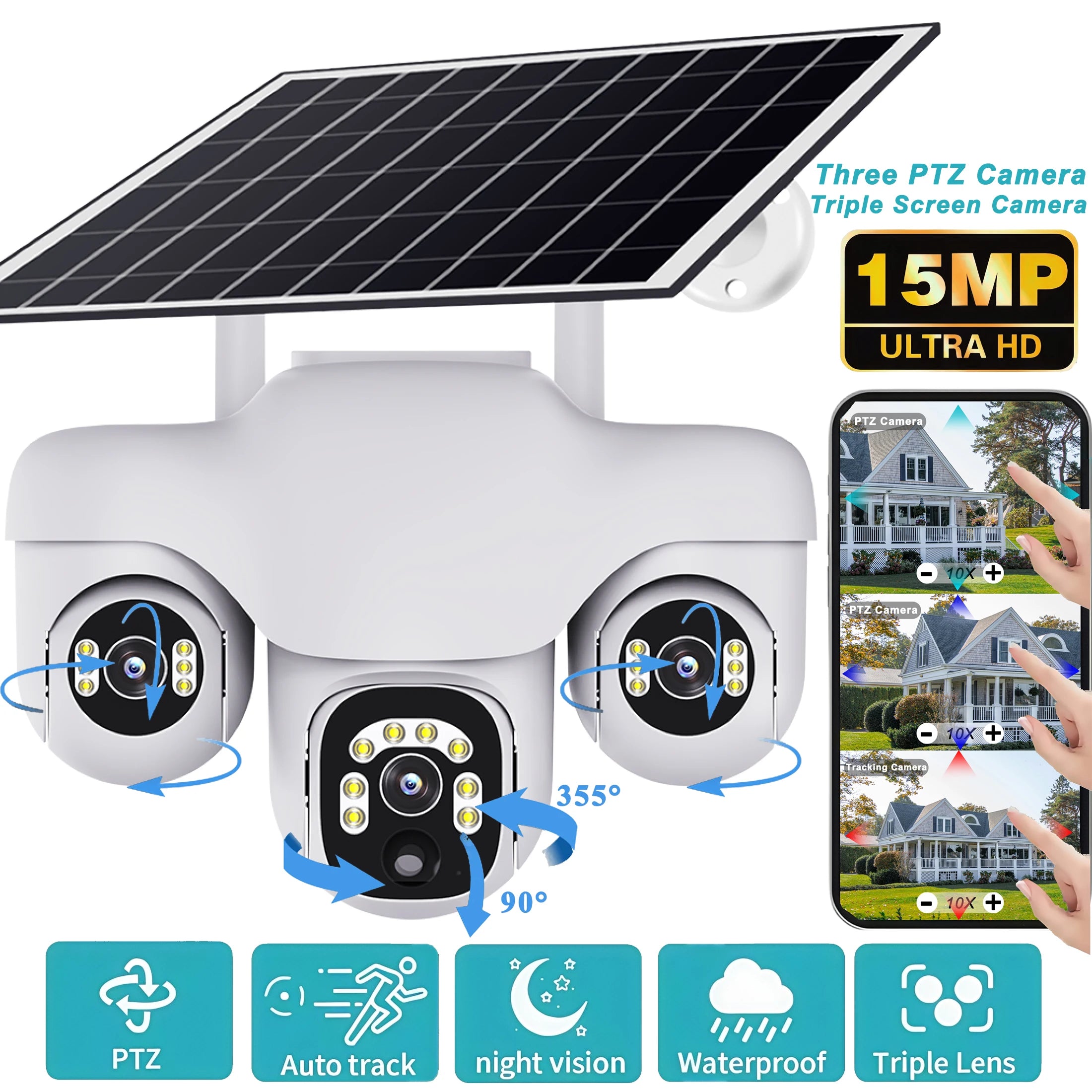 V380 Pro 15MP Solar Camera Triple Lens Triple PTZ Camera Two-Way Audio Outdoor Built-in Battery Security CCTV HD 4G IP Camera