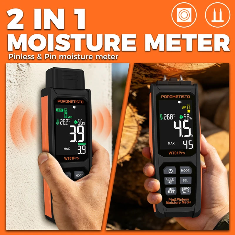 2-in-1 Pin and Pinless Digital Wood Moisture Meter with Backlit Display