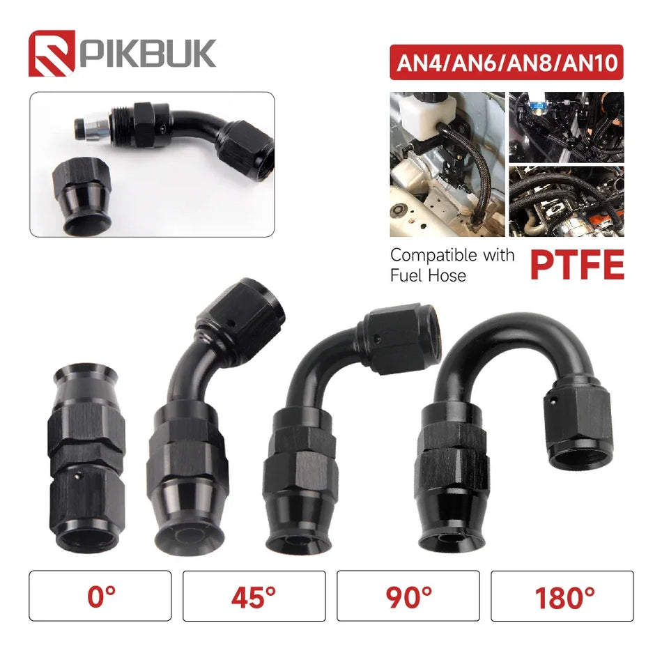 PTFE Drehschlauchanschluss-Kit AN4 AN6 AN8 AN10, 0/45/90/180 Grad, Schwarz