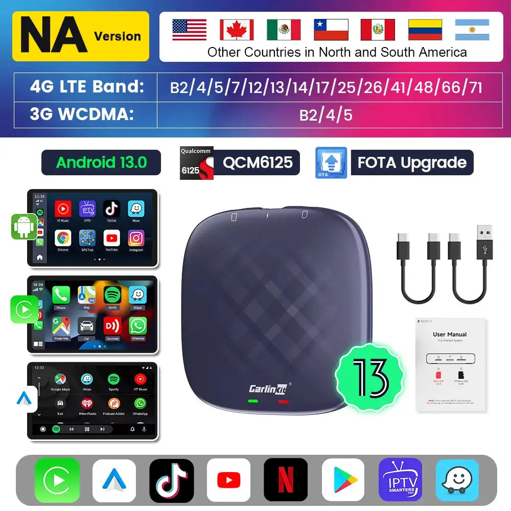 Carlinkit QCM 6125 Android 13 TV Netflix YouTube CarPlay PLUS NA Android 13 / 8GB 128GB