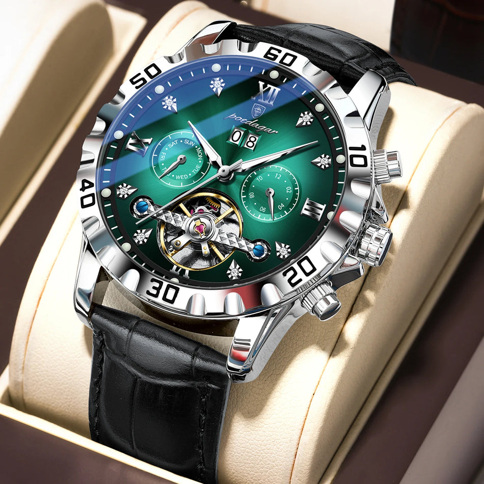 Luxe Mechanisch Herenhorloge Met Leren Band Tourbillon Automatisch POEDAGAR