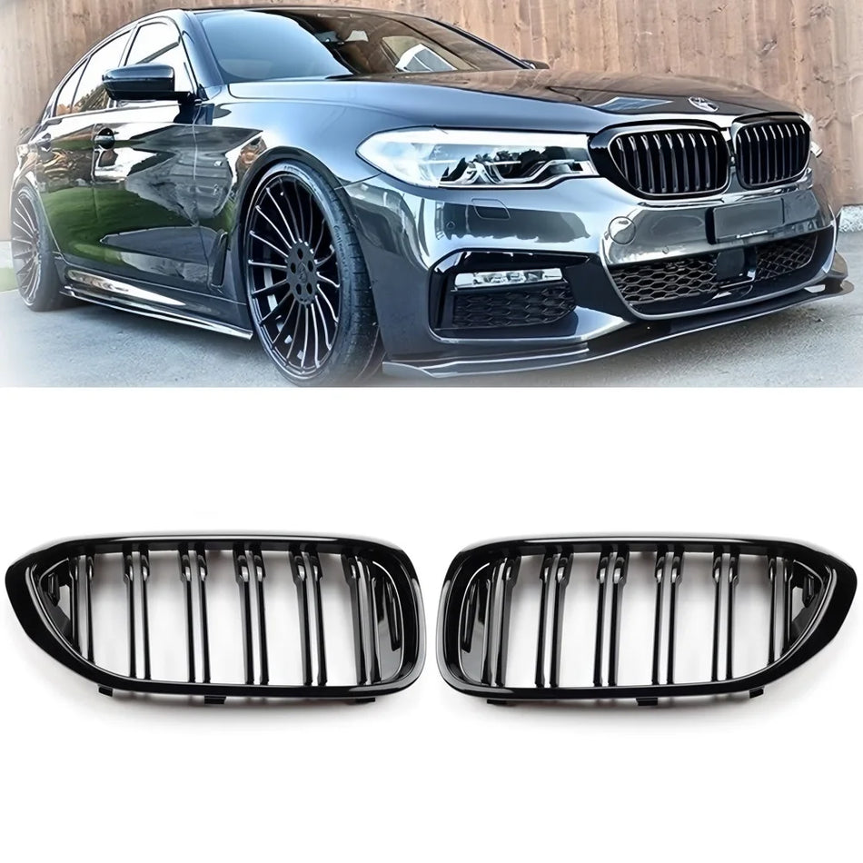 Grill przedni do BMW Serii 5 G30 G31, wyścigowy, podwójne listwy nerki, błyszczące czarne wykończenie