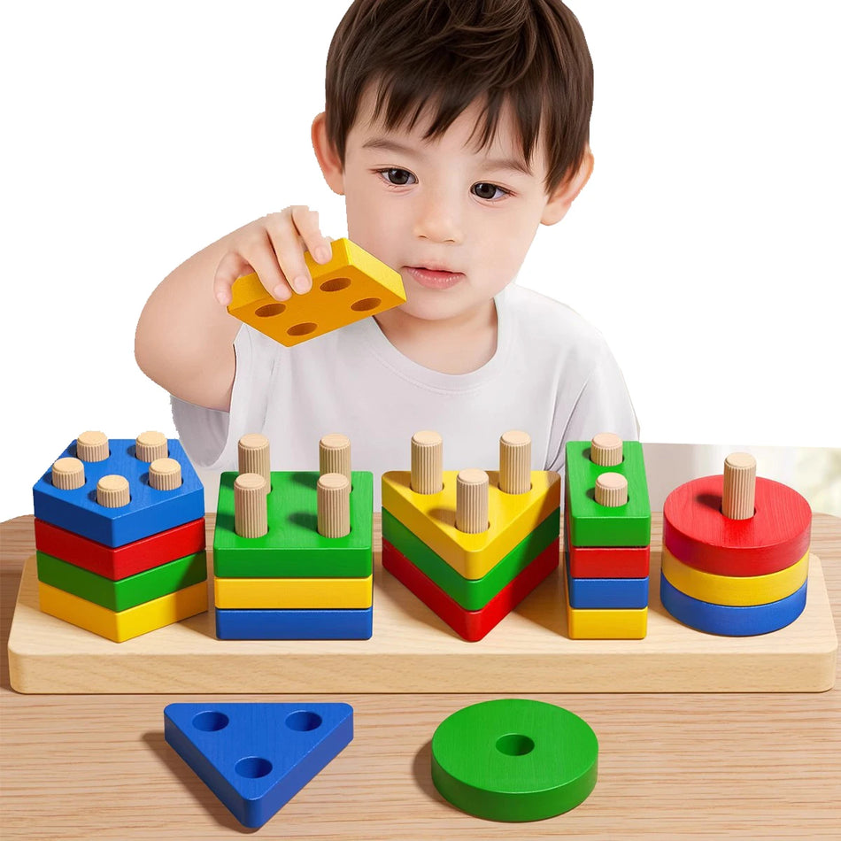 Montessori Wooden Stacking &amp; Sorting Toy - Educational Shape &amp; Color Puzzle for Toddlers Aged 1-2 Years