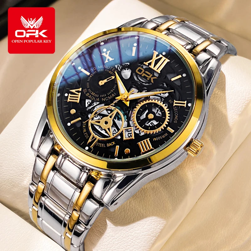 OPK8135 Men's Waterproof Quartz Watch with Stainless Steel Band and Night Glow black