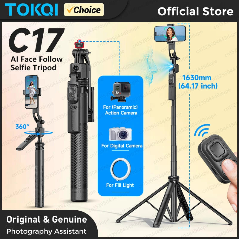 TOKQI C17 360&deg; Auto-Rotation Selfie Tripod with AI Tracking and Remote Control