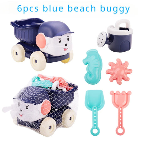 Children's Summer Beach Toy Set - Sand Wheel, Bucket, Shovel, Rake, Sailboat &amp; More for Creative Play 6pcs blue car / CHINA