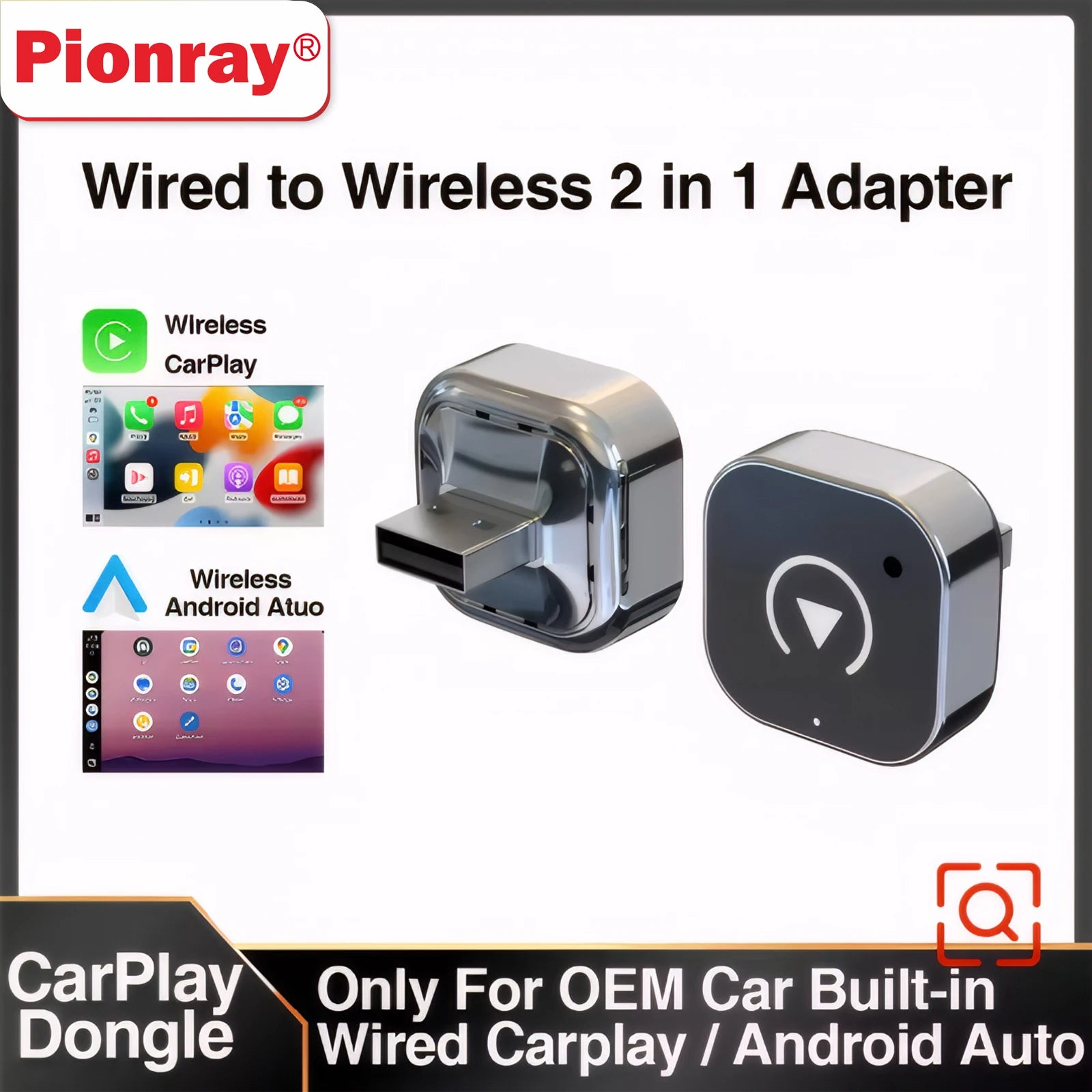 Pionray 2in1 Wireless CarPlay &amp; Android Auto Adapter for Smart Cars