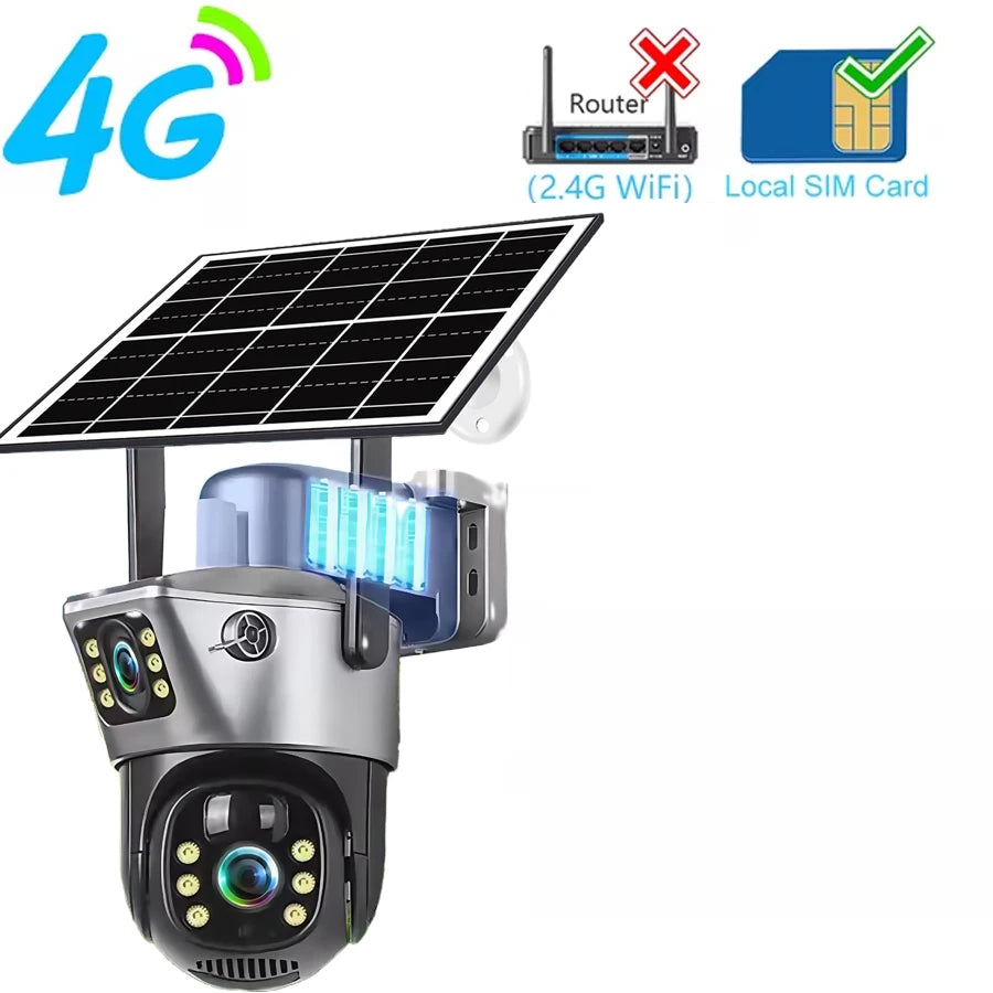 8MP 4K Solar Camera Dual Lens HD Night Vision Safety Protection Built-in Battery PTZ Surveillance 4G Camera Security CCTV 4G Cam No Card
