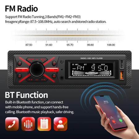 AKAMATE 12V 1 Din Car Radio Bluetooth MP3 &ndash; Dual USB