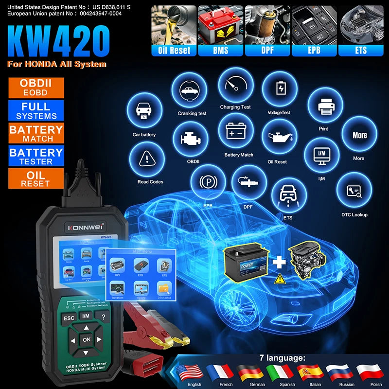 Skener OBD2 pro kompletní systémovou diagnostiku a analyzátor baterie pro Honda KW420