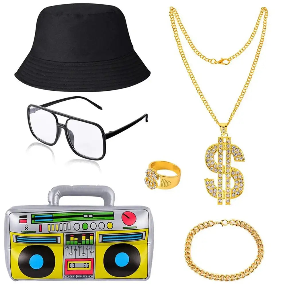 80s 90s Hip Hop Rapper Costume Set With Gold Chain Glasses One Size / 6Pcs