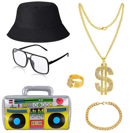 80s 90s Hip Hop Rapper Costume Set With Gold Chain Glasses One Size / 6Pcs