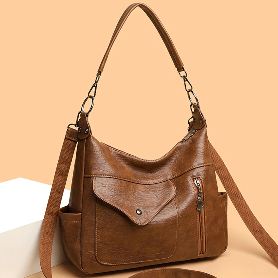 Luxury Large Capacity Crossbody Bag for Women in PU Leather, Retro Designer Tote with Interior Pockets