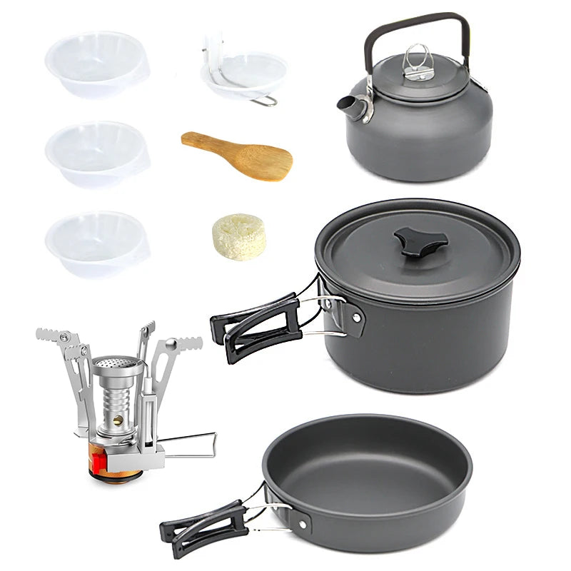 Camping Cookware Kit Outdoor Aluminum Cooking Set Water Kettle Pan Pot Hiking Picnic Tableware Equipment 0.8 Liter Kettle BLACK 10PCS / CN (Origin)