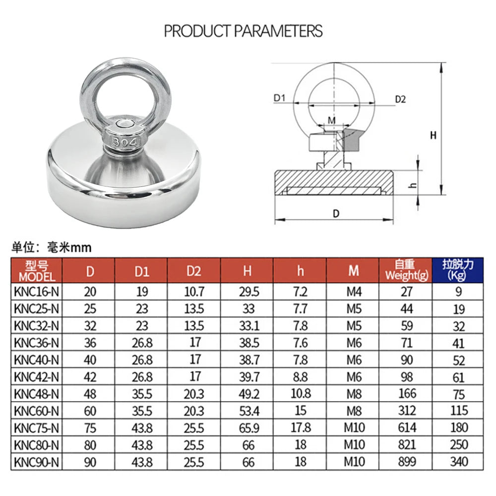 Super Strong Neodymium Fishing Hook N52 D16-D42mm Heavy Duty Rare Earth with Countersunk Hole Eyebolt Salvage Magnetic