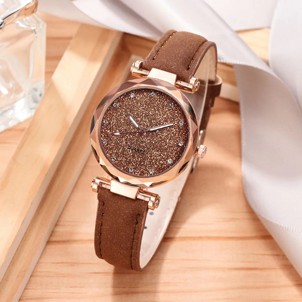 Romantic Starry Sky Leather Bracelet Watch for Women Brown