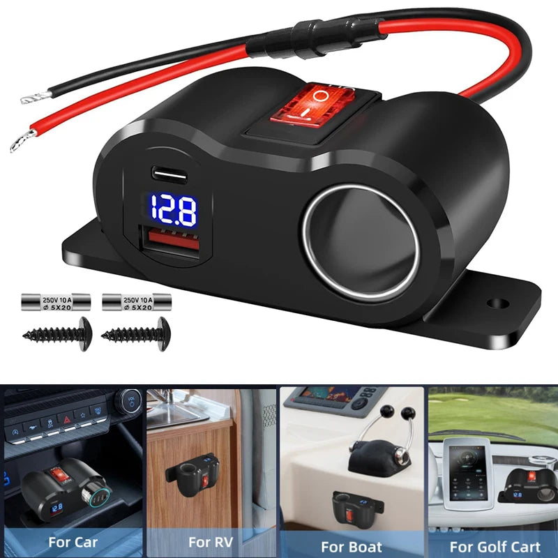 Cargador de coche de 12 V QC3.0 PD3.0 con voltímetro LED y divisor de toma para RV