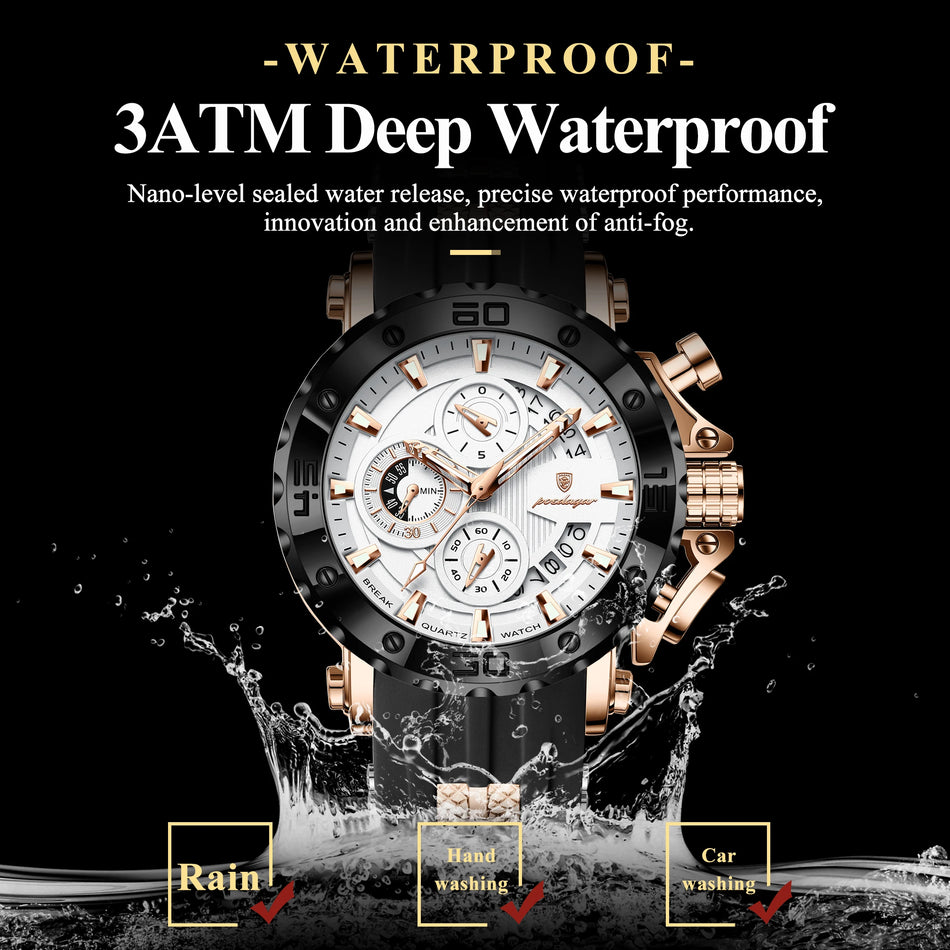 POEDAGAR Men's Luxury Chronograph Quartz Watch Luminous Dial, Silicone Strap