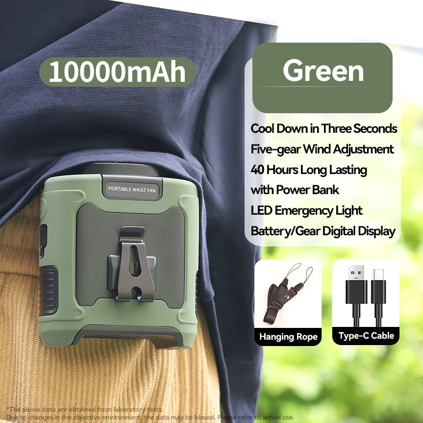 NoEnName Null 20000mAh Outdoor Portable Waist Fan &ndash; Strong Wind with Power Bank and LED Lighting 10000mAh Green