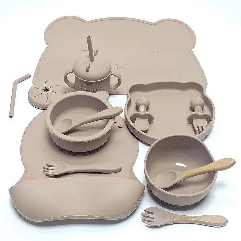 CZSAE 14pcs Silicone Baby Tableware Set &ndash; Drop-Proof and Non-Slip Design light brown