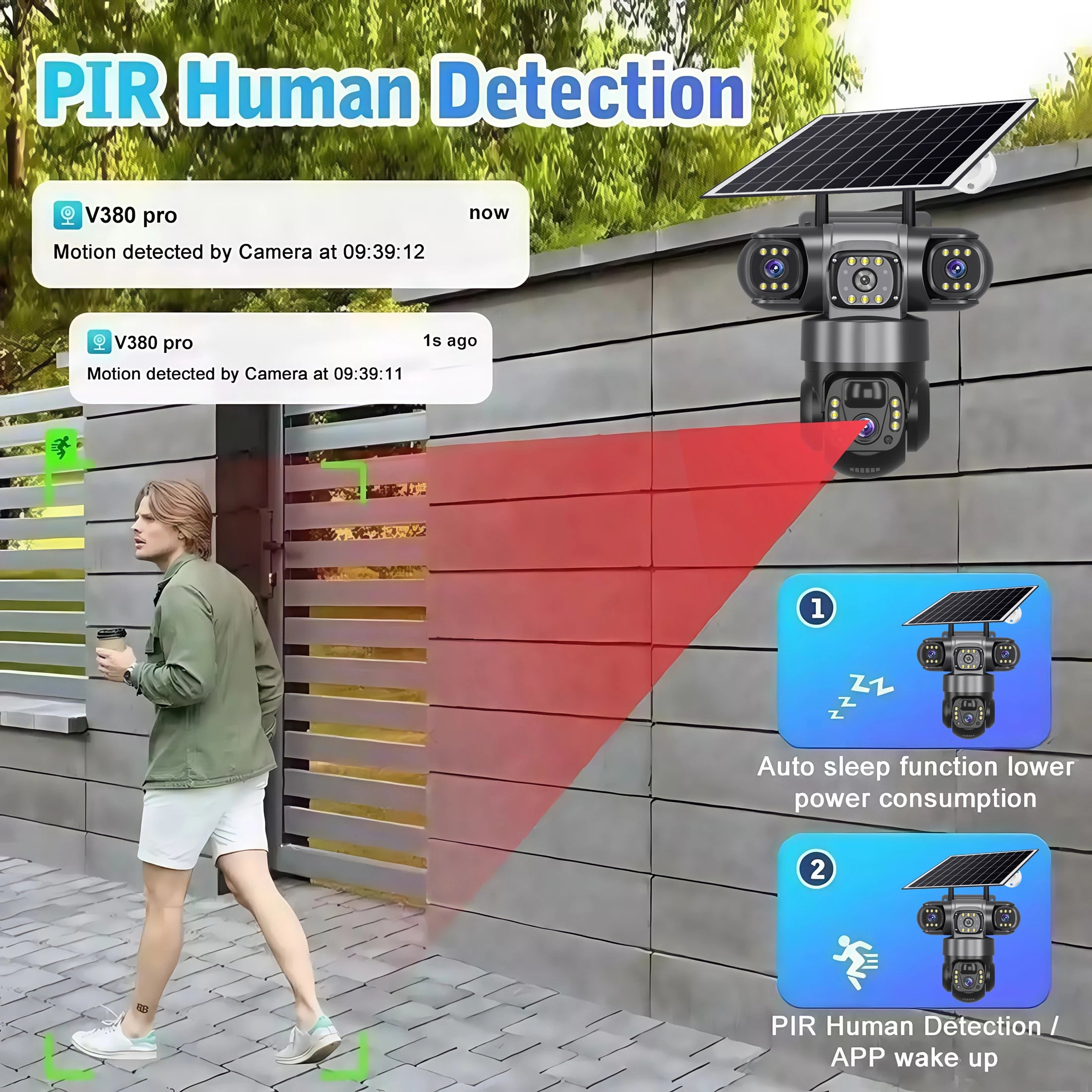 V380PRO 3 Lens 4G Solar Camera 15MP 360 Outdoor Waterproof WIFI CCTV Night Vision Two-Way Audio Camera Mobile Tracking IP Camera