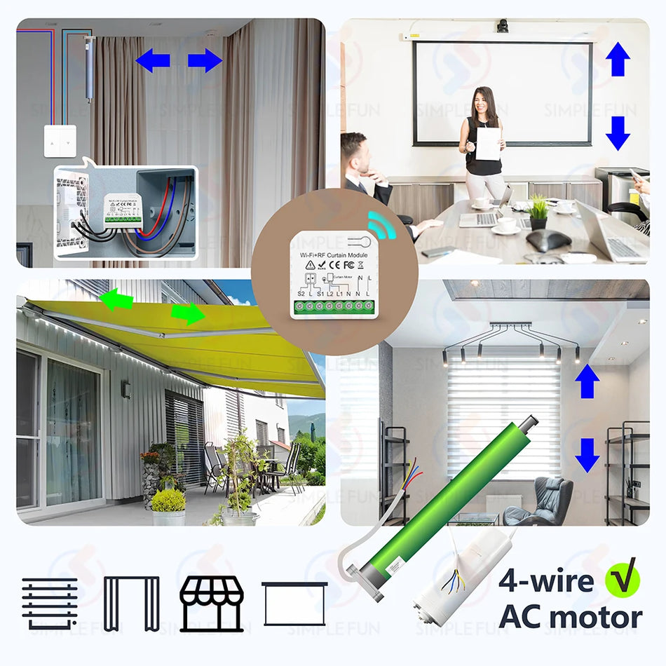 Interruptor de Cortina Rolô Sem Fios com Módulo WiFi Tuya, Controle Remoto 5 em 1