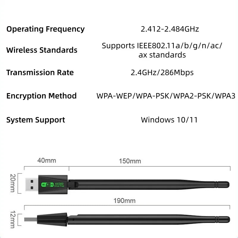AX300 WiFi 6 USB Αντάπτορας για Windows 7 10 11 Χωρίς Οδηγούς Κάρτα Ασύρματης 80211ax