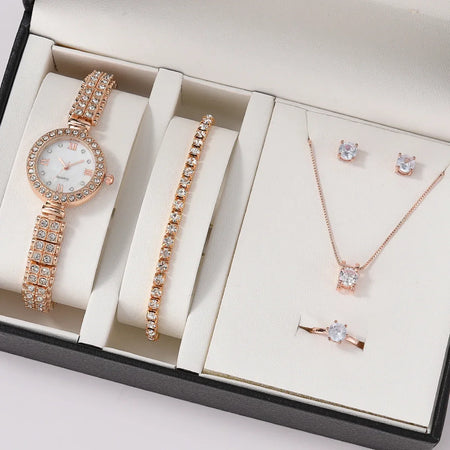 MOONBIFFY Luxury Women&rsquo;s Quartz Watch with Diamond Accents and Matching Jewellery Set