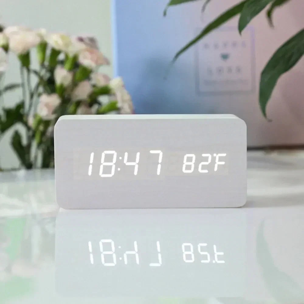 Sleek Wooden Digital Alarm Clock with Voice Control and USB Charging white Rectangle