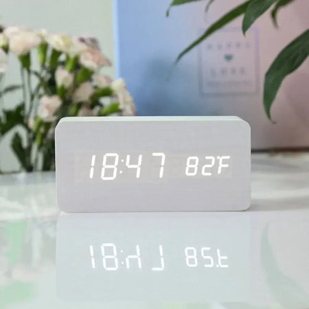 Sleek Wooden Digital Alarm Clock with Voice Control and USB Charging white Rectangle