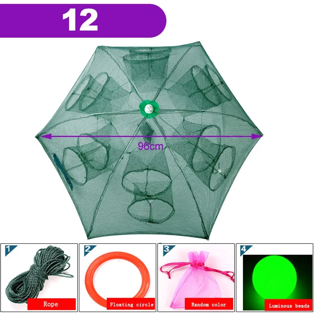 Portable Foldable Fishing Net Shrimp Cage - Automatic Nylon Fish Trap 12 HOLES