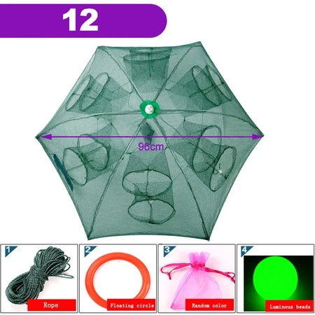 Portable Foldable Fishing Net Shrimp Cage - Automatic Nylon Fish Trap 12 HOLES