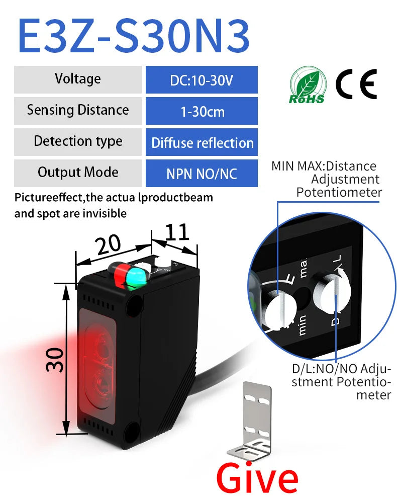 GTRIC E3Z-D61 Diffuse Reflection Photoelectric Sensor NPN PNP 12-24VDC Square Infrared Optical Switch Distance 30CM With Bracket 30CM 3-wireNPN NO NC / CHINA