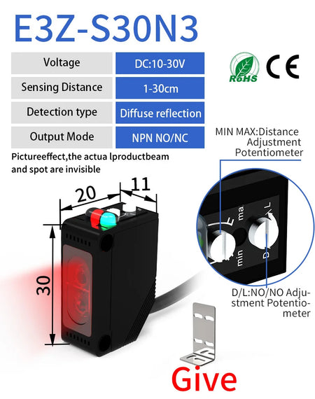 GTRIC E3Z-D61 Diffuse Reflection Photoelectric Sensor NPN PNP 12-24VDC Square Infrared Optical Switch Distance 30CM With Bracket 30CM 3-wireNPN NO NC / CHINA